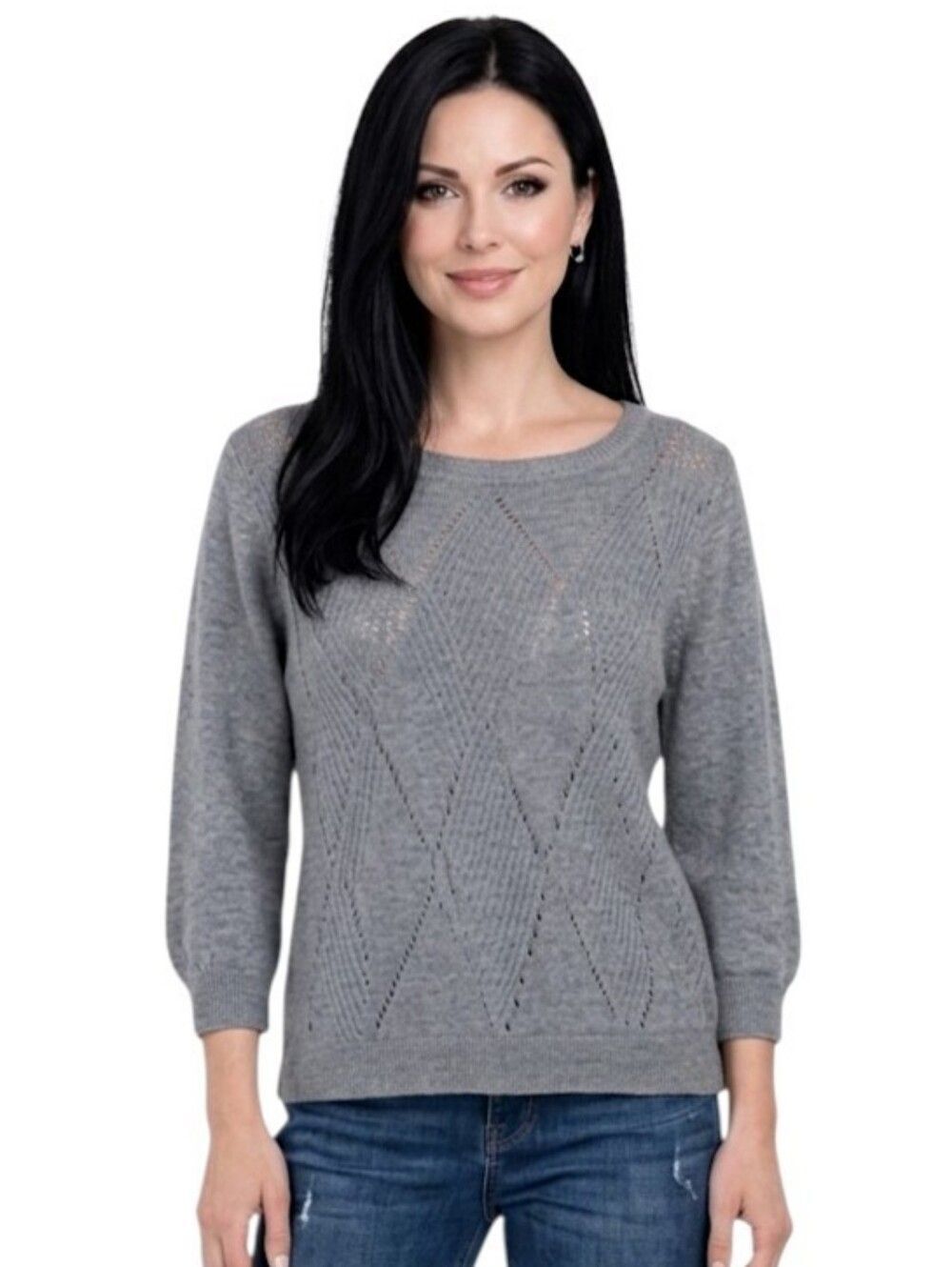 Roz & Ali Gray Argyle Pattered Crew Neck Quarter Sleeve Sweater Size M